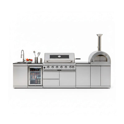 128-Inch 6-Burner Outdoor Kitchen Island with Pizza Oven, Rotisserie, Refrigerator and Granite Countertops