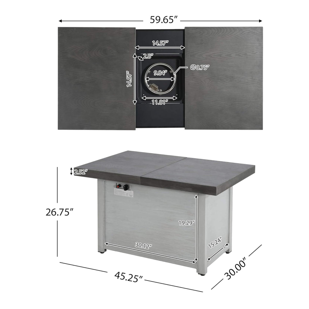 59" Propane Fire Pit Table with Extendable Top – 50,000 BTU, Gray