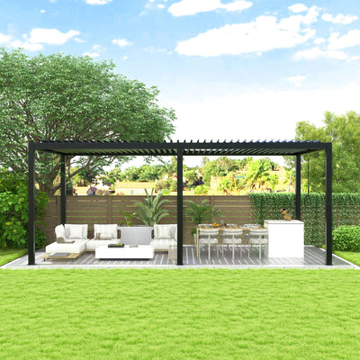 Black Louvered Pergola with Adjustable Roof, Integrated Drainage and Powder-Coated Aluminum Frame – 228 x 118 Inches