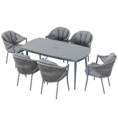 7-Piece Dark Gray Aluminum & Woven Rope Outdoor Dining Set with Cushions and Umbrella Hole