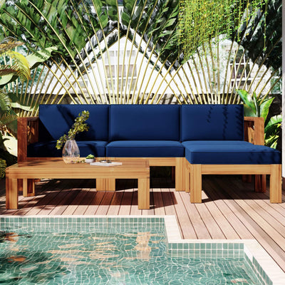 5-Piece Hardwood Outdoor Patio Sectional Sofa Set with Blue Cushions and X-Back Design