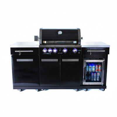 957 Compact Islands 70" Black Stainless Steel Outdoor Kitchen Island with 32" 4-Burner Grill & Refrigerator