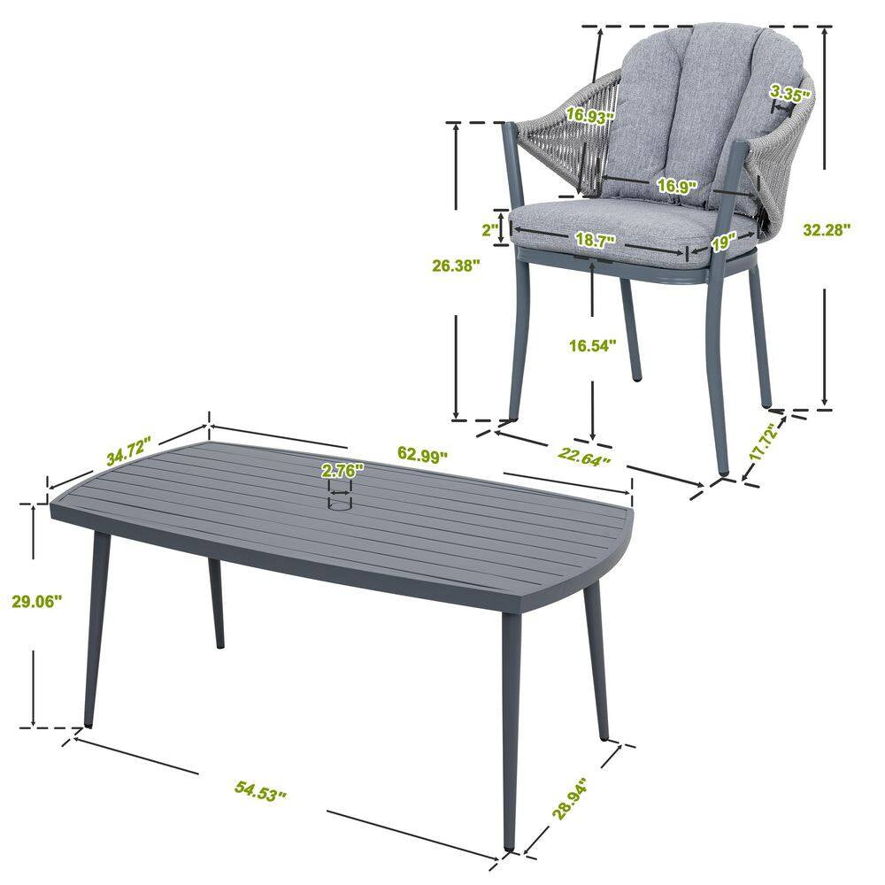 Dark Gray 7-Piece Aluminum and Woven Rope Outdoor Dining Set with Cushions and 2.76 In. Umbrella Hole
