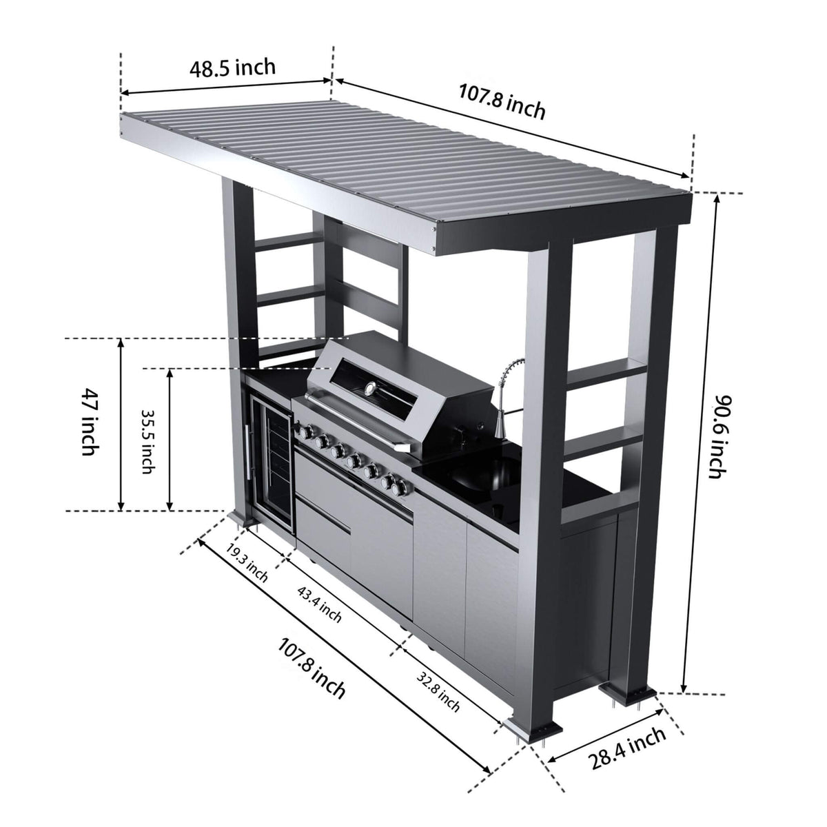 Blaze 108-Inch 6-Burner Stainless Steel Outdoor Kitchen Island with 85,000 BTU Grill, Wine Cooler, Rotisserie and Granite Countertops