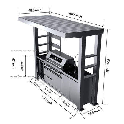 Blaze 108-Inch 6-Burner Stainless Steel Outdoor Kitchen Island with 85,000 BTU Grill, Wine Cooler, Rotisserie and Granite Countertops