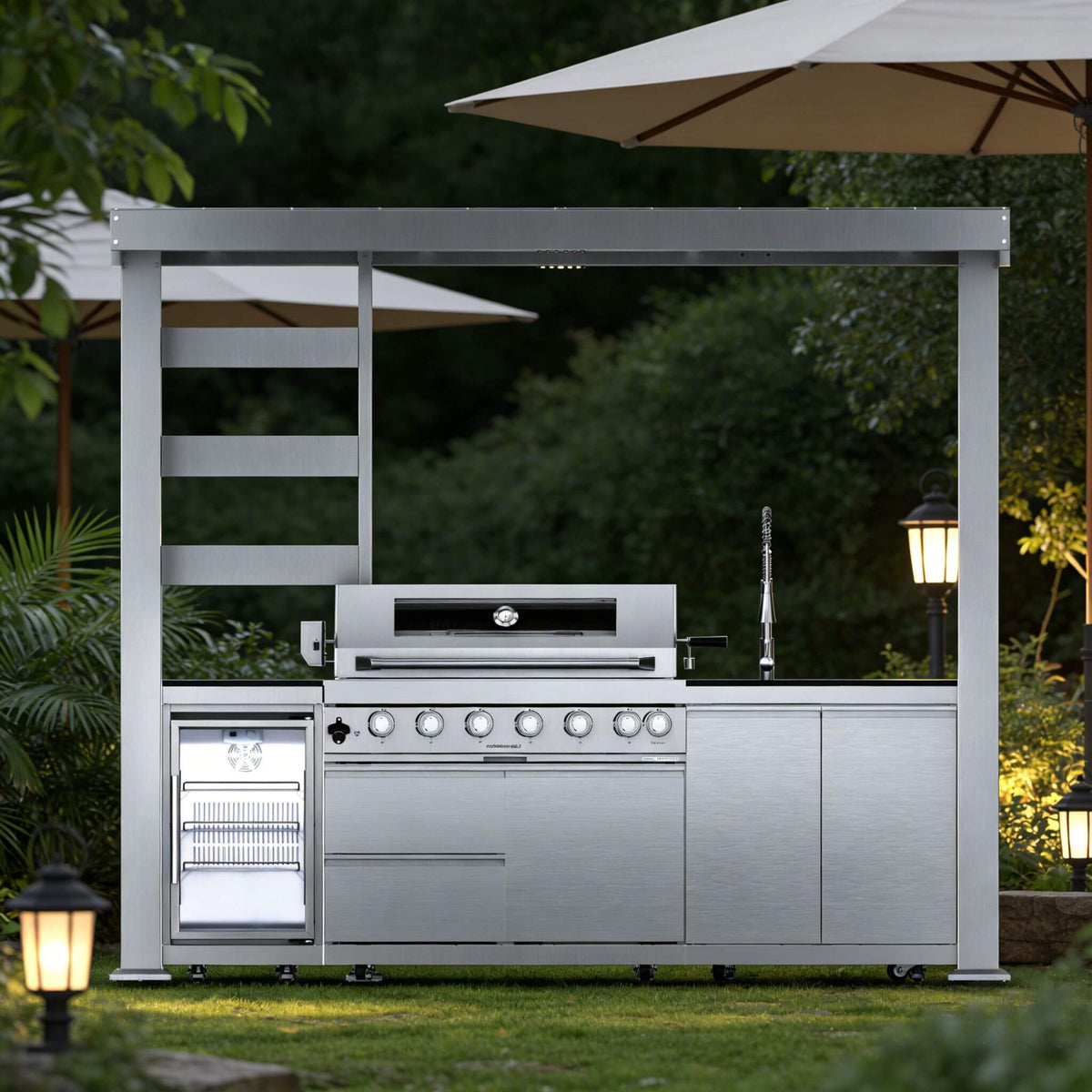Blaze 108-Inch 6-Burner Stainless Steel Outdoor Kitchen Island with 85,000 BTU Grill, Wine Cooler, Rotisserie and Granite Countertops