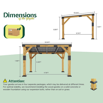 Heavy-Duty Cedar Wood Gazebo with Sloped Galvanized Steel Hardtop Roof