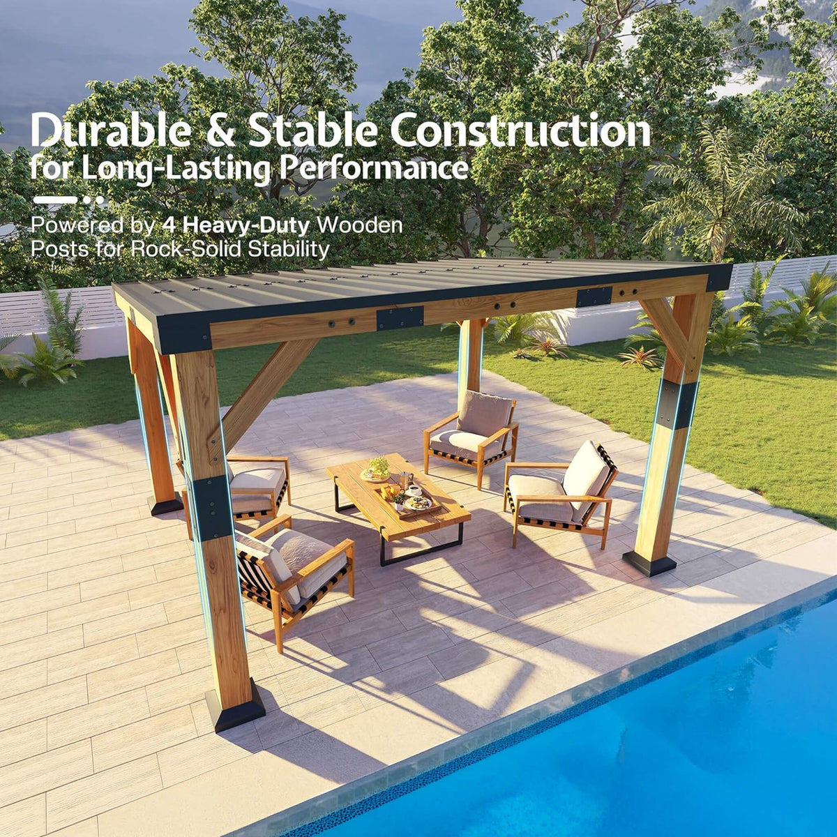 Heavy-Duty Cedar Wood Gazebo with Sloped Galvanized Steel Hardtop Roof