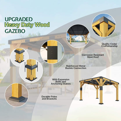 Heavy-Duty Cedar Wood Gazebo with Sloped Galvanized Steel Hardtop Roof