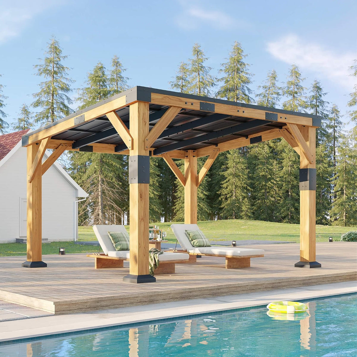 Heavy-Duty Cedar Wood Gazebo with Sloped Galvanized Steel Hardtop Roof