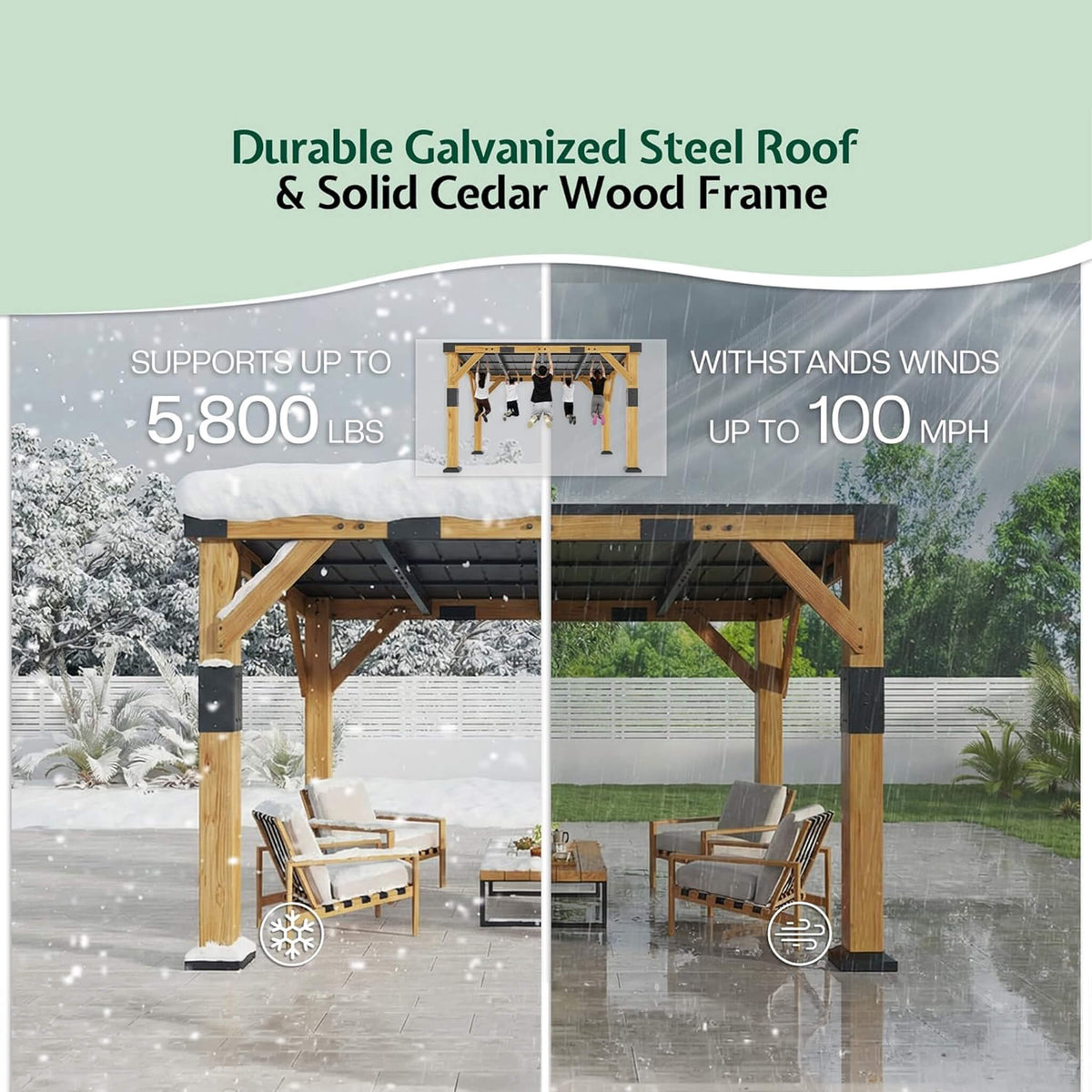Heavy-Duty Cedar Wood Gazebo with Sloped Galvanized Steel Hardtop Roof