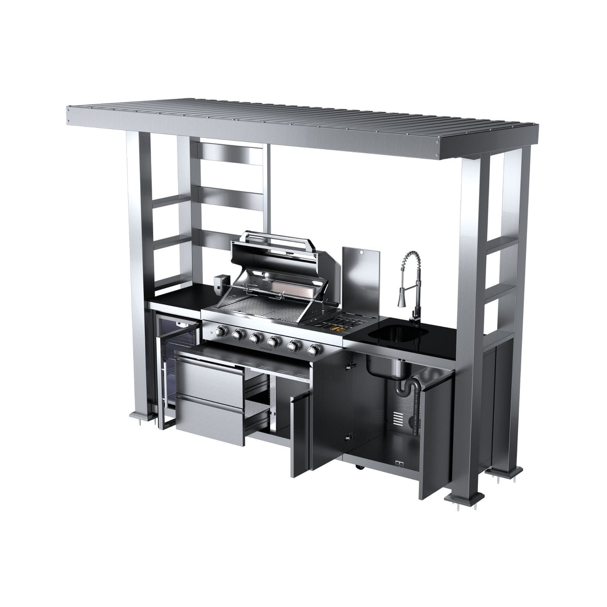 Imperial 110" Stainless Steel Outdoor Kitchen Island with 72,000 BTU 4-Burner Grill, Wine Cooler & Rotisserie