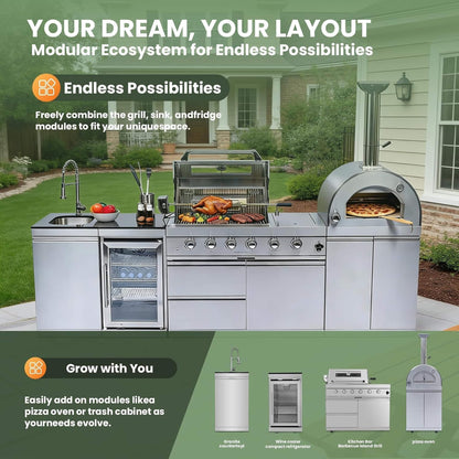 112-Inch 4-Burner Outdoor Kitchen Island with 108,000 BTU Grill, Pizza Oven, Rotisserie, Wine Cooler and Granite Countertops