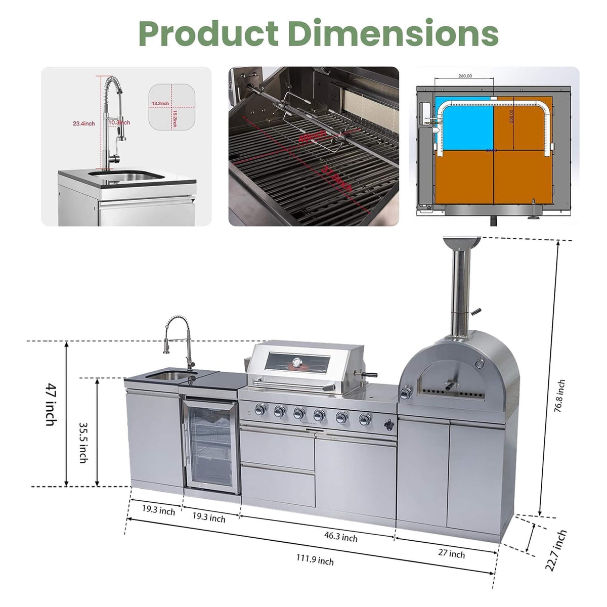 112-Inch 4-Burner Outdoor Kitchen Island with 108,000 BTU Grill, Pizza Oven, Rotisserie, Wine Cooler and Granite Countertops