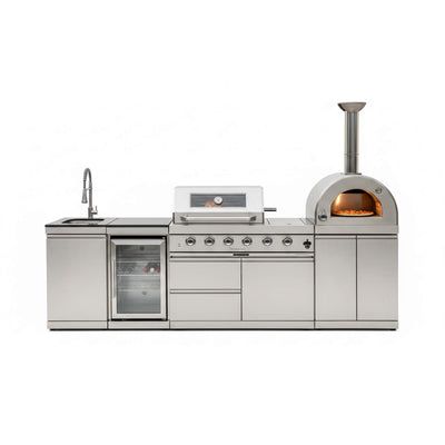 112-Inch 4-Burner Outdoor Kitchen Island with 108,000 BTU Grill, Pizza Oven, Rotisserie, Wine Cooler and Granite Countertops