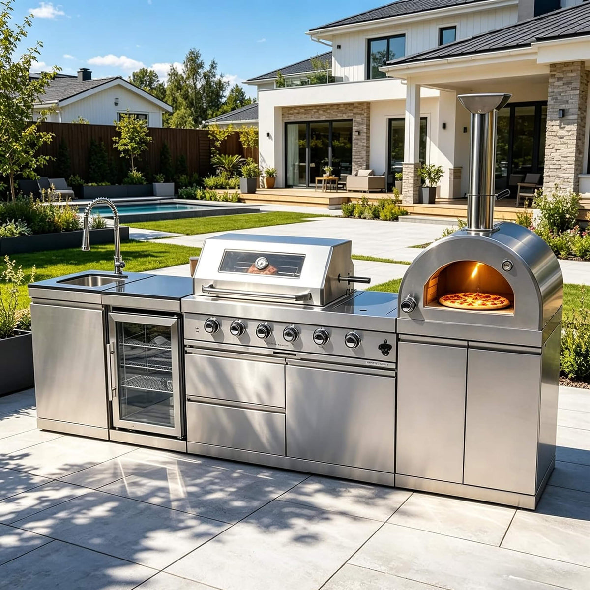 112-Inch 4-Burner Outdoor Kitchen Island with 108,000 BTU Grill, Pizza Oven, Rotisserie, Wine Cooler and Granite Countertops