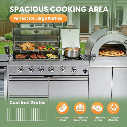 112-Inch 4-Burner Outdoor Kitchen Island with 108,000 BTU Grill, Pizza Oven, Rotisserie, Wine Cooler and Granite Countertops