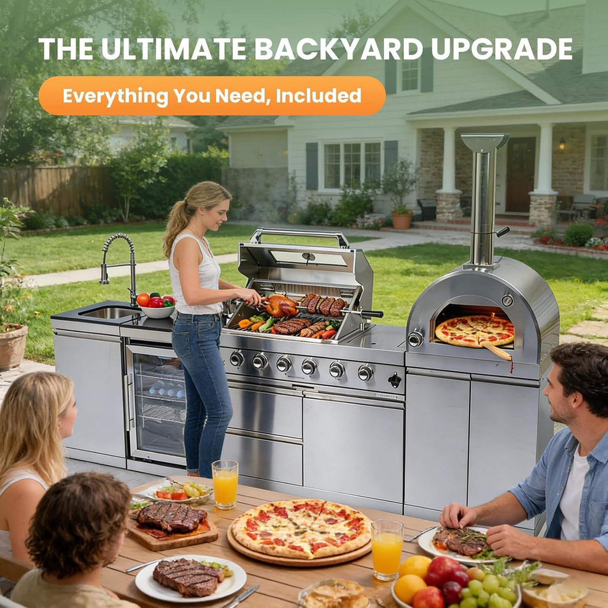 112-Inch 4-Burner Outdoor Kitchen Island with 108,000 BTU Grill, Pizza Oven, Rotisserie, Wine Cooler and Granite Countertops