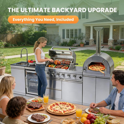112-Inch 4-Burner Outdoor Kitchen Island with 108,000 BTU Grill, Pizza Oven, Rotisserie, Wine Cooler and Granite Countertops