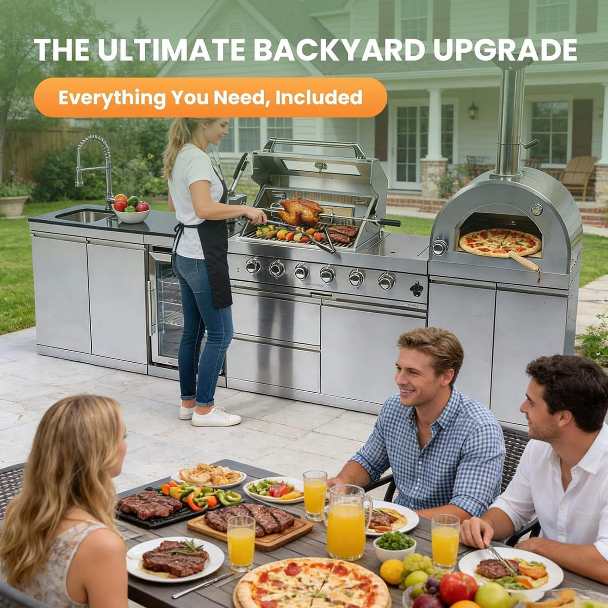 125" Stainless Steel Outdoor Kitchen Island with 4-Burner Grill, Pizza Oven, Rotisserie & Refrigerator