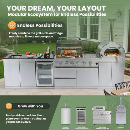 125" Stainless Steel Outdoor Kitchen Island with 4-Burner Grill, Pizza Oven, Rotisserie & Refrigerator
