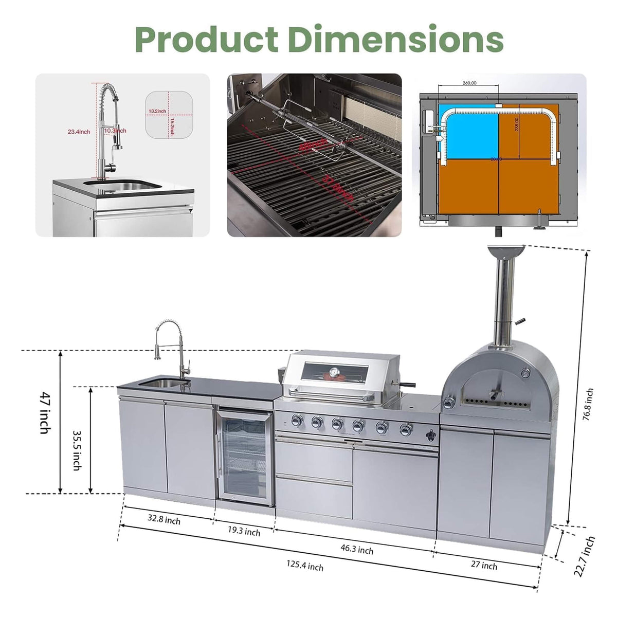 125" Stainless Steel Outdoor Kitchen Island with 4-Burner Grill, Pizza Oven, Rotisserie & Refrigerator