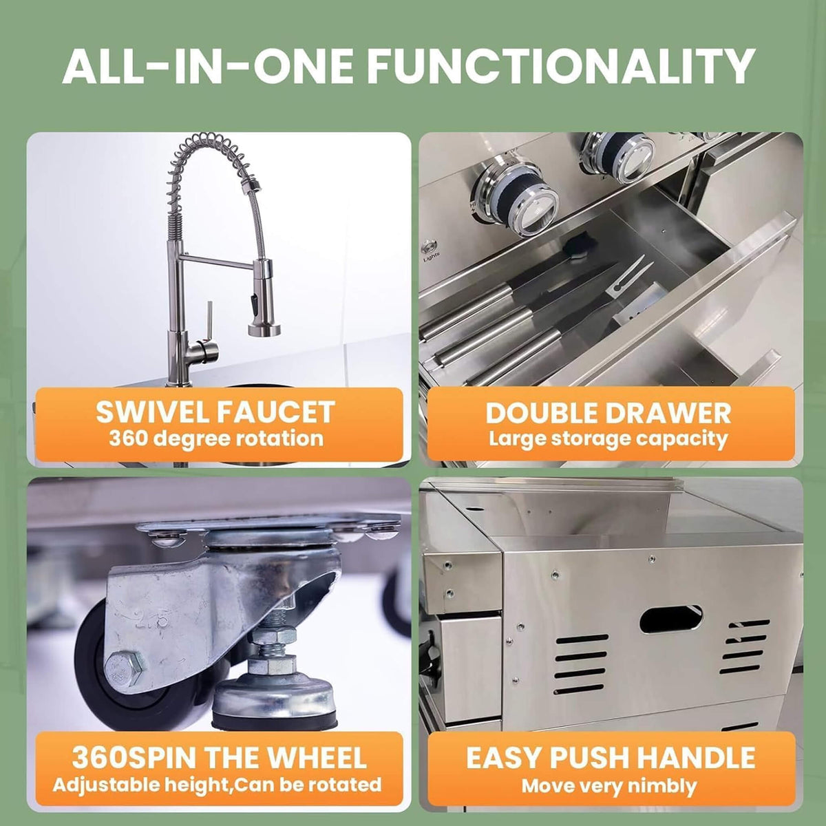 125" Stainless Steel Outdoor Kitchen Island with 4-Burner Grill, Pizza Oven, Rotisserie & Refrigerator