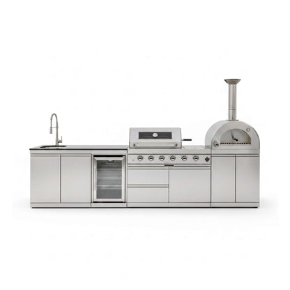 125" Stainless Steel Outdoor Kitchen Island with 4-Burner Grill, Pizza Oven, Rotisserie & Refrigerator