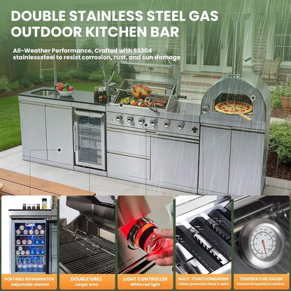 125" Stainless Steel Outdoor Kitchen Island with 4-Burner Grill, Pizza Oven, Rotisserie & Refrigerator