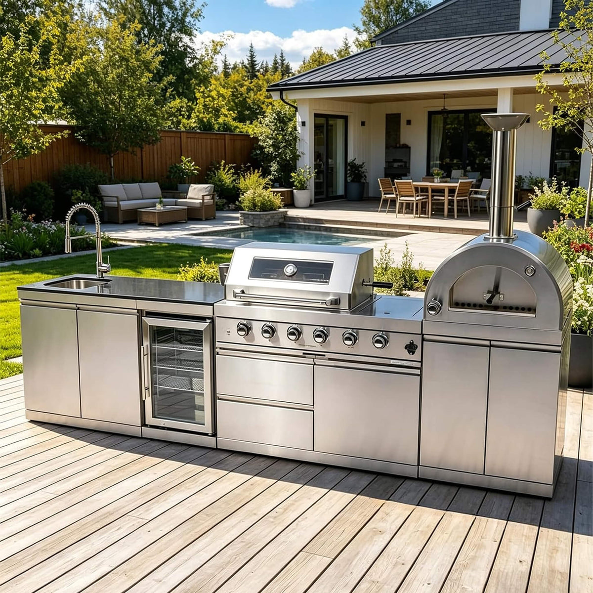 125" Stainless Steel Outdoor Kitchen Island with 4-Burner Grill, Pizza Oven, Rotisserie & Refrigerator
