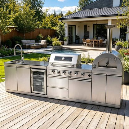 125" Stainless Steel Outdoor Kitchen Island with 4-Burner Grill, Pizza Oven, Rotisserie & Refrigerator