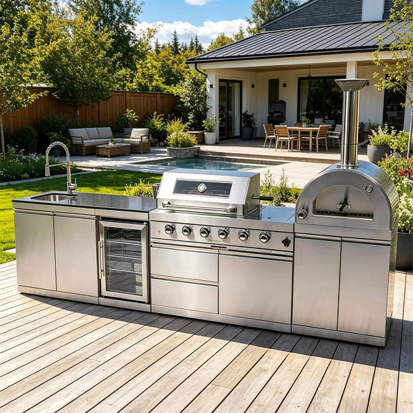 125" Stainless Steel Outdoor Kitchen Island with 4-Burner Grill, Pizza Oven, Rotisserie & Refrigerator