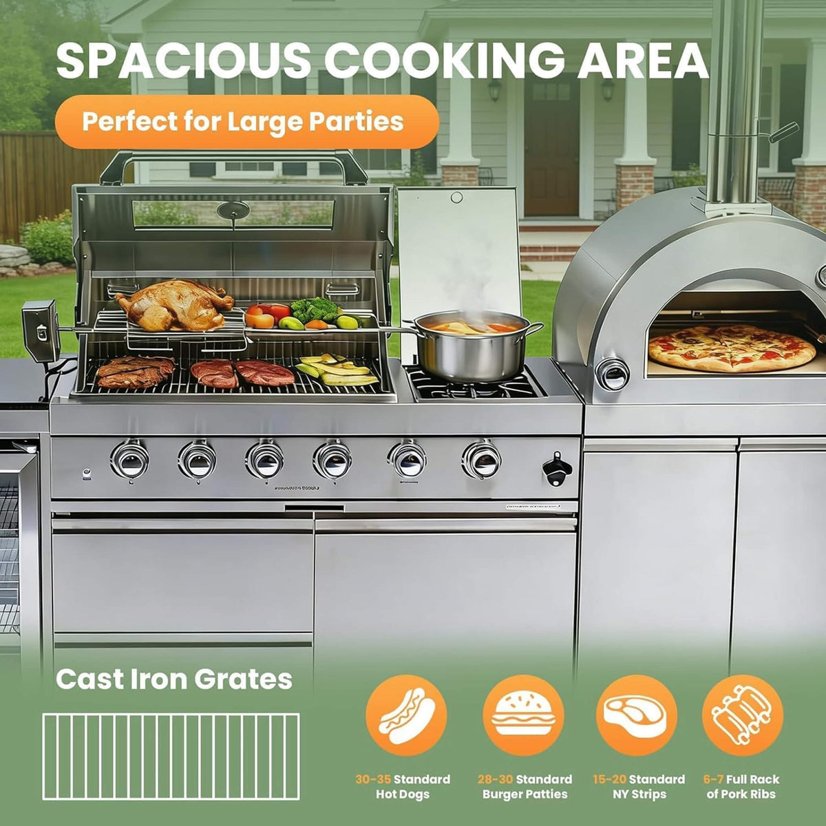 125" Stainless Steel Outdoor Kitchen Island with 4-Burner Grill, Pizza Oven, Rotisserie & Refrigerator