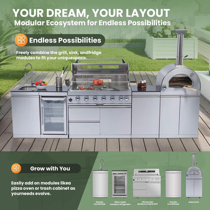 128-Inch 6-Burner Outdoor Kitchen Island with Pizza Oven, Rotisserie, Refrigerator and Granite Countertops