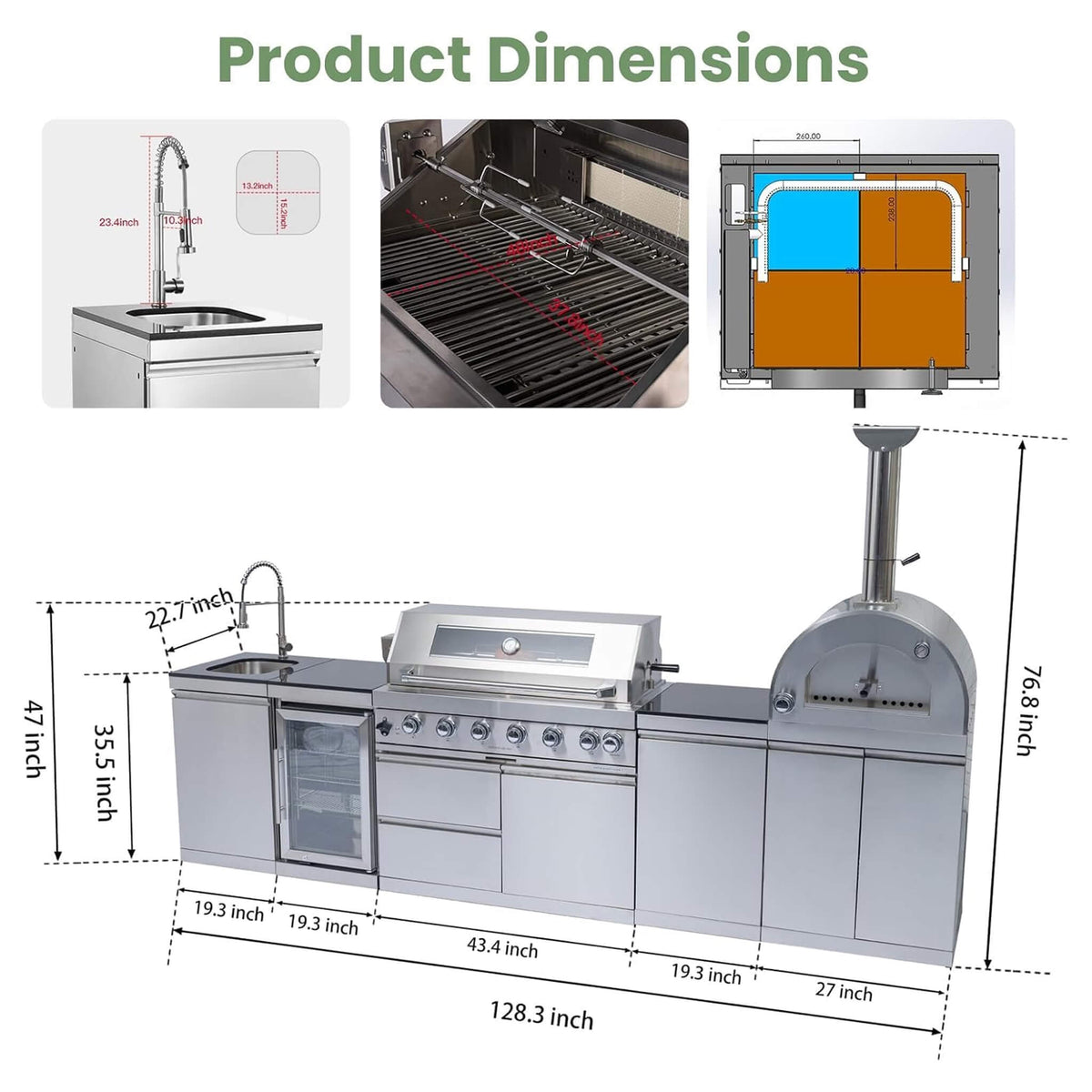 128-Inch 6-Burner Outdoor Kitchen Island with Pizza Oven, Rotisserie, Refrigerator and Granite Countertops