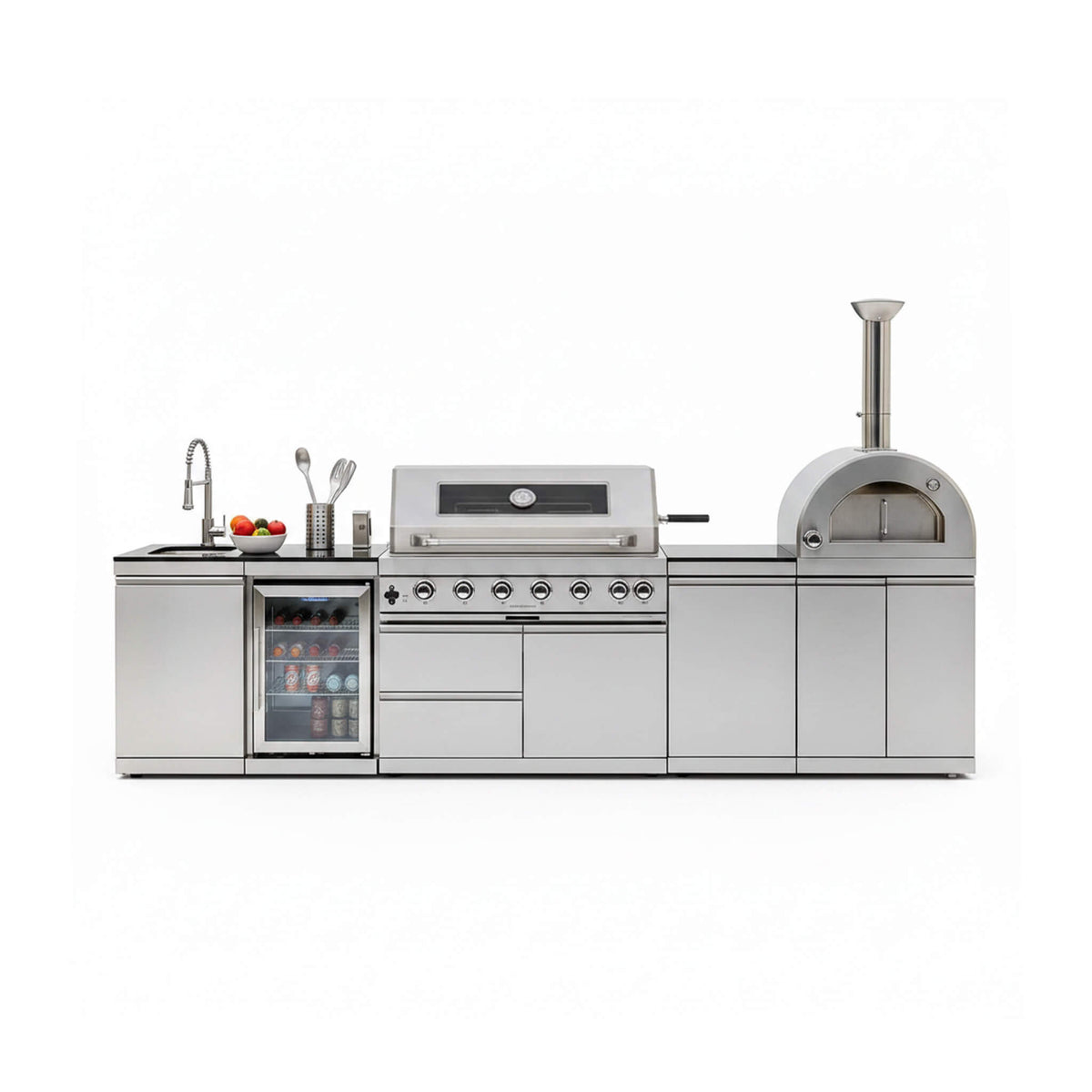 128-Inch 6-Burner Outdoor Kitchen Island with Pizza Oven, Rotisserie, Refrigerator and Granite Countertops