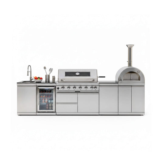 128-Inch 6-Burner Outdoor Kitchen Island with Pizza Oven, Rotisserie, Refrigerator and Granite Countertops