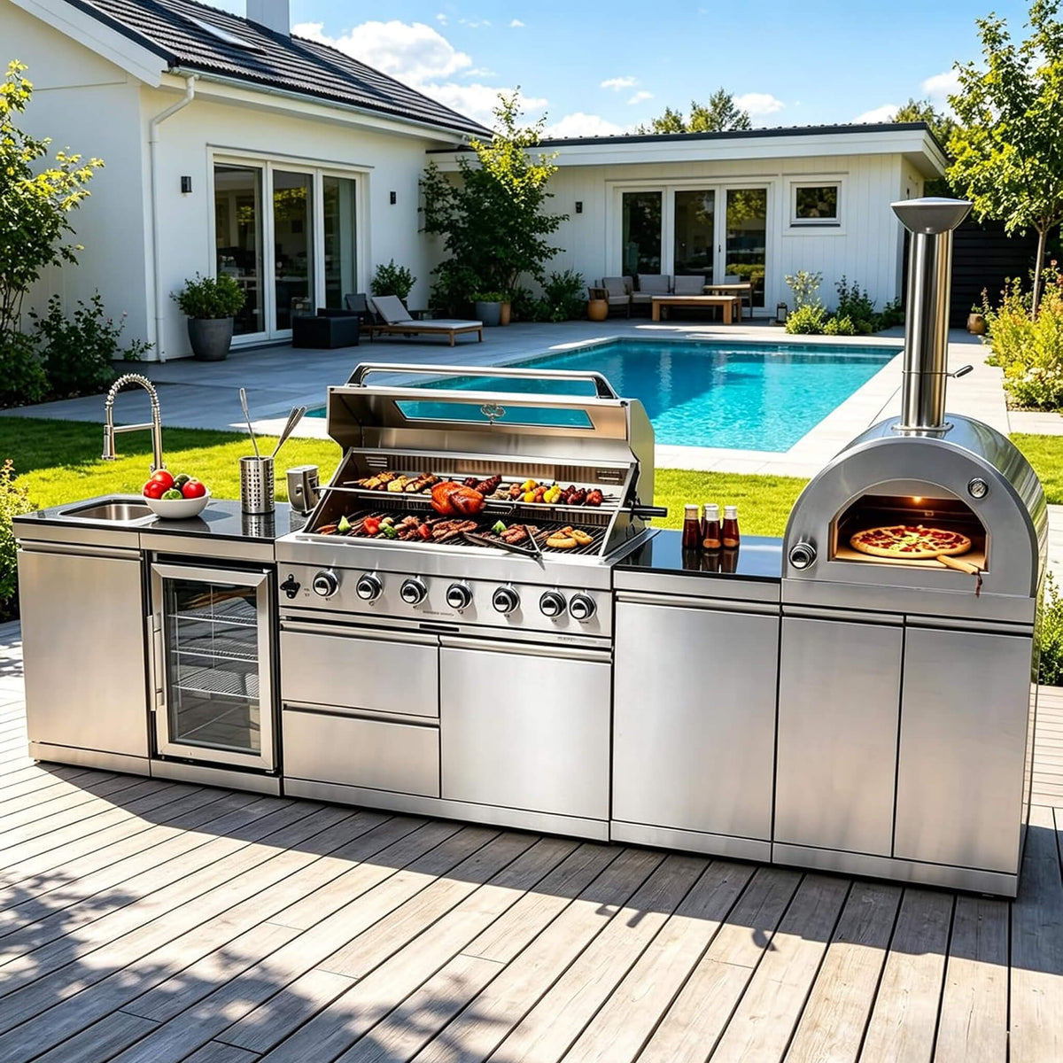128-Inch 6-Burner Outdoor Kitchen Island with Pizza Oven, Rotisserie, Refrigerator and Granite Countertops