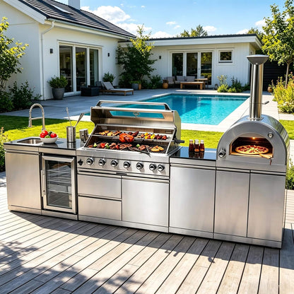 128-Inch 6-Burner Outdoor Kitchen Island with Pizza Oven, Rotisserie, Refrigerator and Granite Countertops