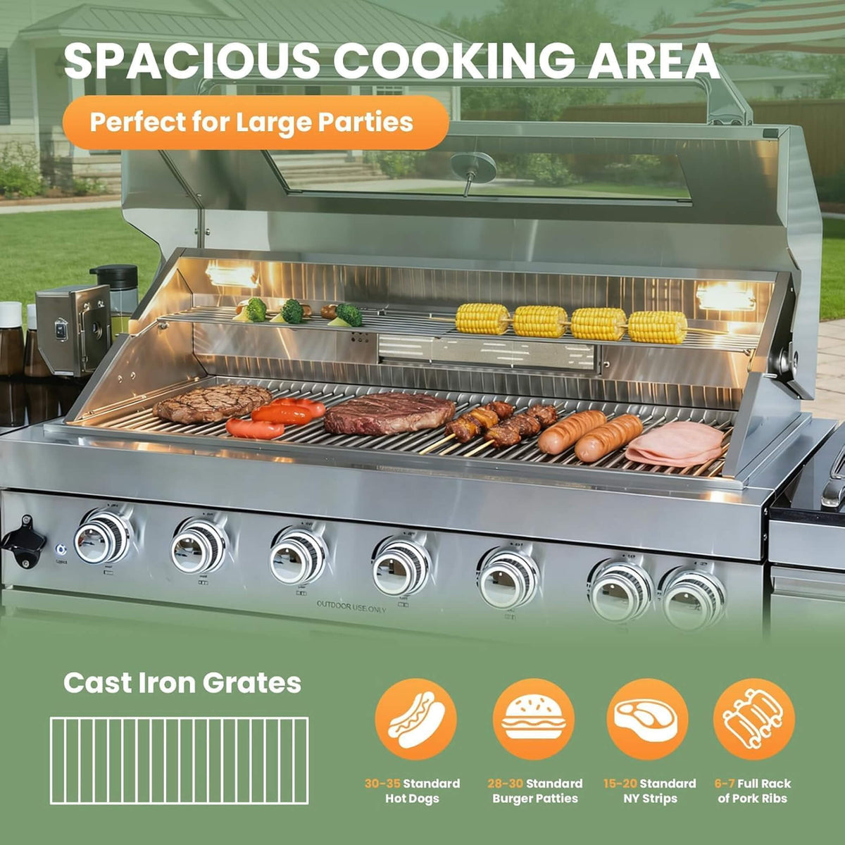 128-Inch 6-Burner Outdoor Kitchen Island with Pizza Oven, Rotisserie, Refrigerator and Granite Countertops