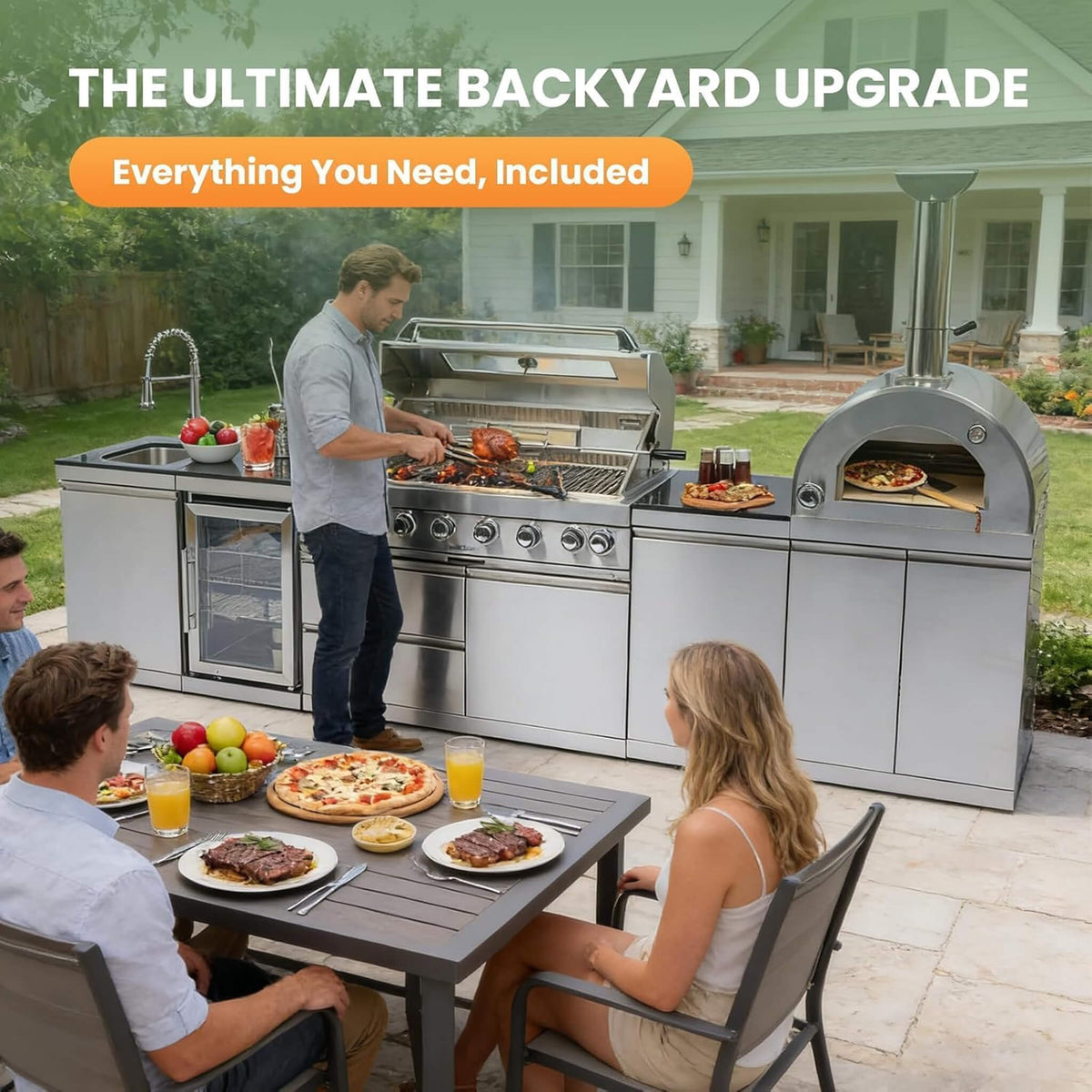 128-Inch 6-Burner Outdoor Kitchen Island with Pizza Oven, Rotisserie, Refrigerator and Granite Countertops
