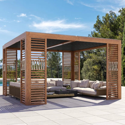 12x12 Ft Wood-Grain Aluminum Louvered Pergola with Adjustable Roof and Integrated Drainage