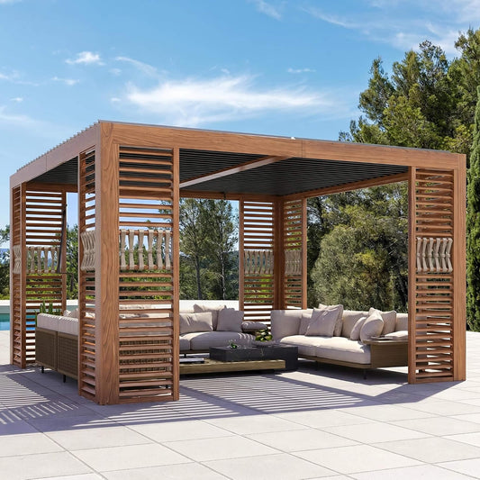 12x12 Ft Wood-Grain Aluminum Louvered Pergola with Adjustable Roof and Integrated Drainage