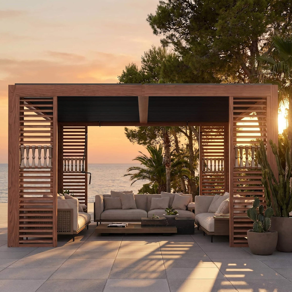 12x12 Ft Wood-Grain Aluminum Louvered Pergola with Adjustable Roof and Integrated Drainage