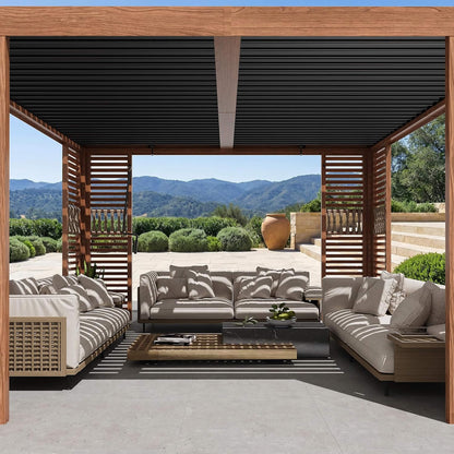 12x12 Ft Wood-Grain Aluminum Louvered Pergola with Adjustable Roof and Integrated Drainage