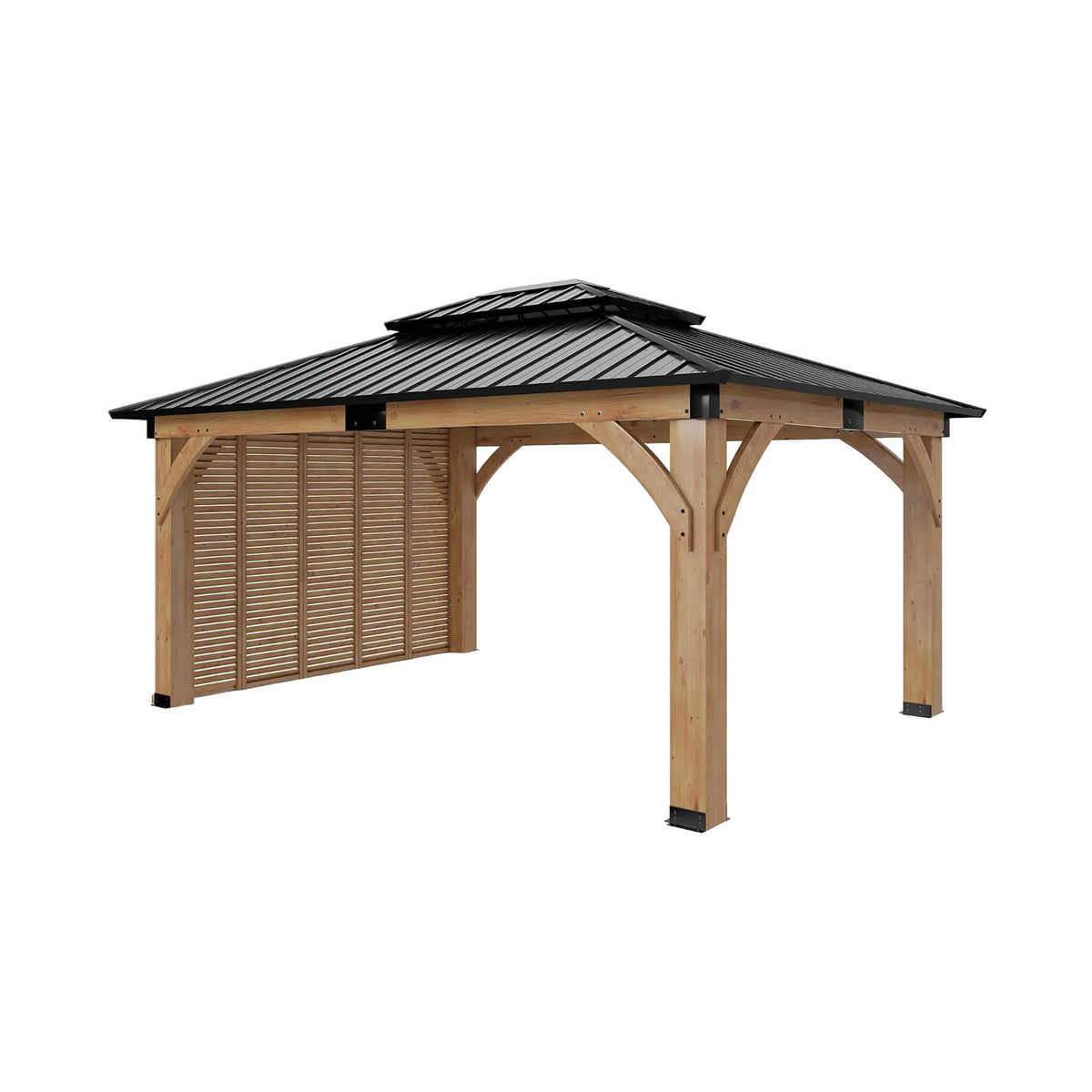 12' x 14' Modern Spruce Wood Gazebo with Double-Tier Steel Hardtop Roof & Privacy Wall