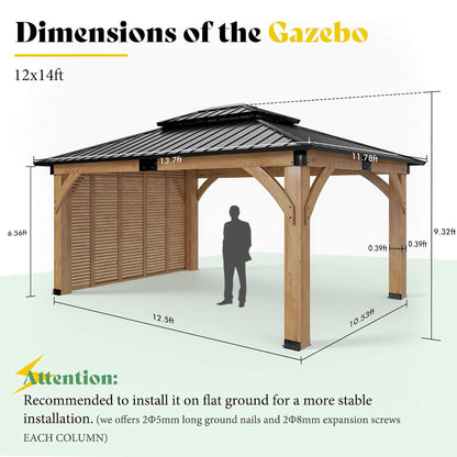 12' x 14' Modern Spruce Wood Gazebo with Double-Tier Steel Hardtop Roof & Privacy Wall