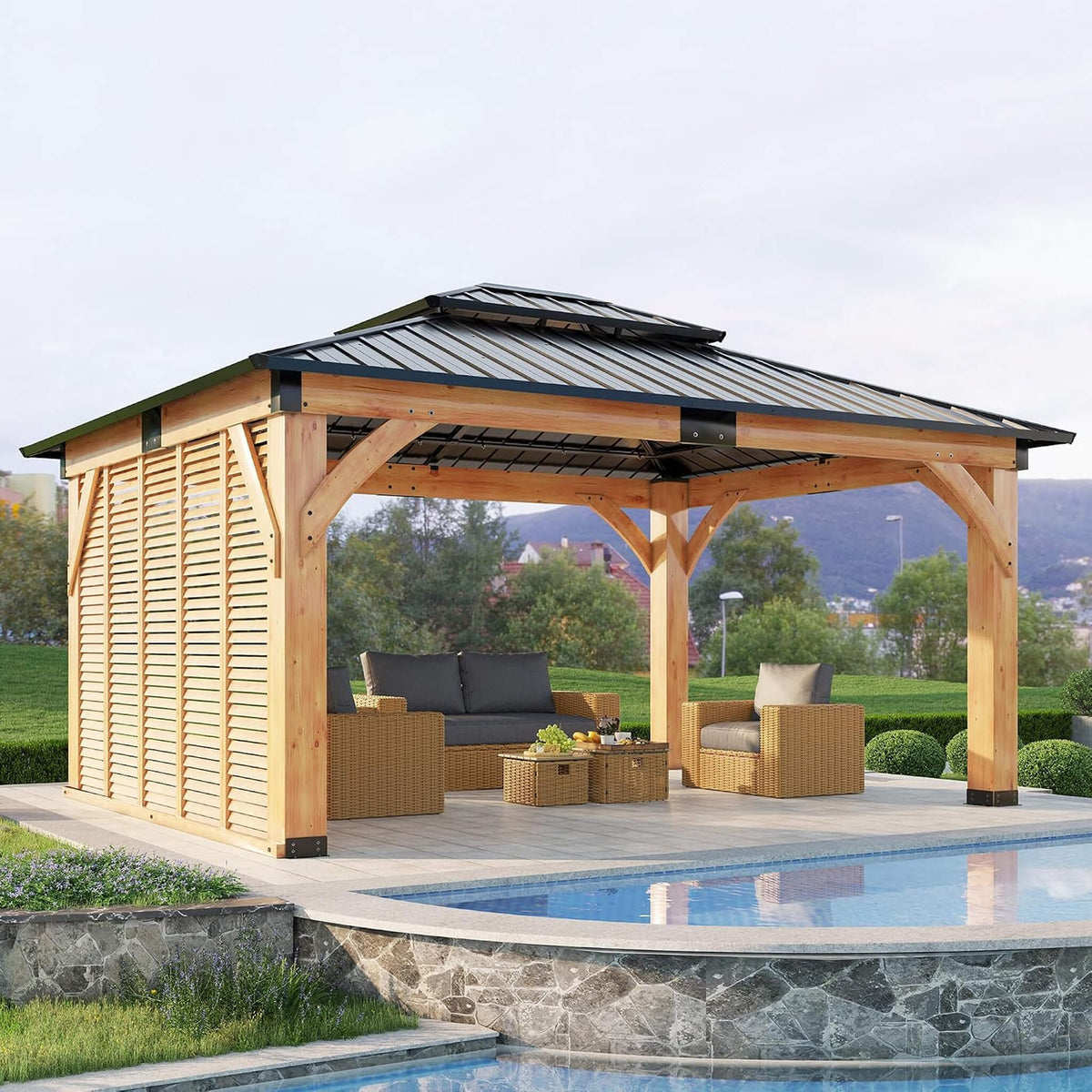 12' x 14' Modern Spruce Wood Gazebo with Double-Tier Steel Hardtop Roof & Privacy Wall