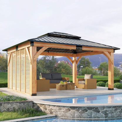 12' x 14' Modern Spruce Wood Gazebo with Double-Tier Steel Hardtop Roof & Privacy Wall