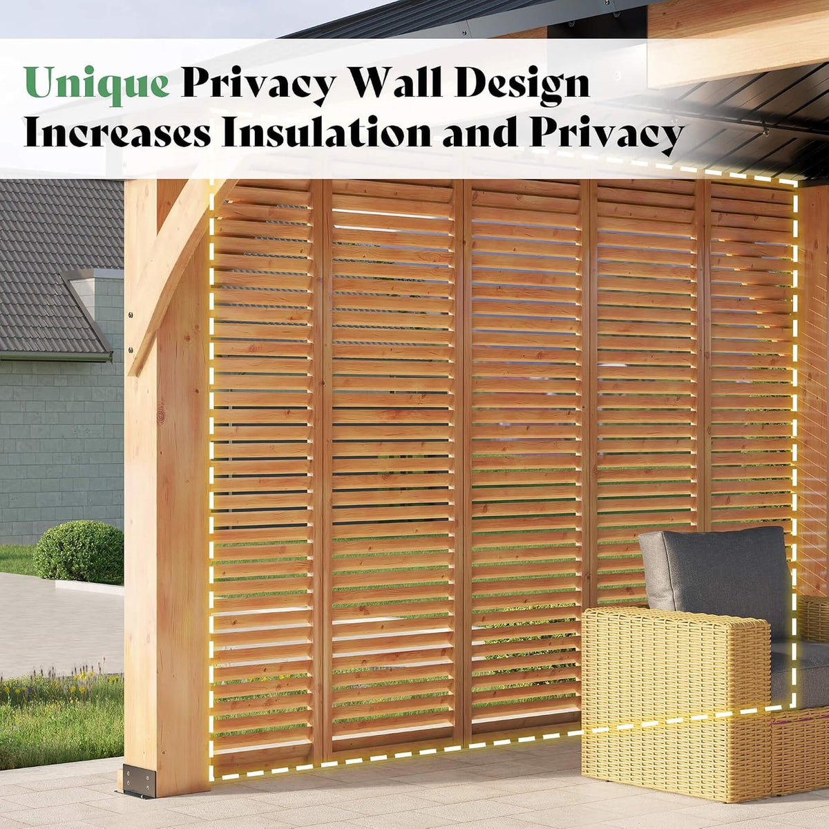 12' x 14' Modern Spruce Wood Gazebo with Double-Tier Steel Hardtop Roof & Privacy Wall